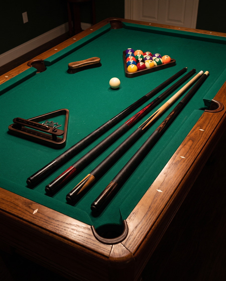 An editorial arrangement of billiards accessories