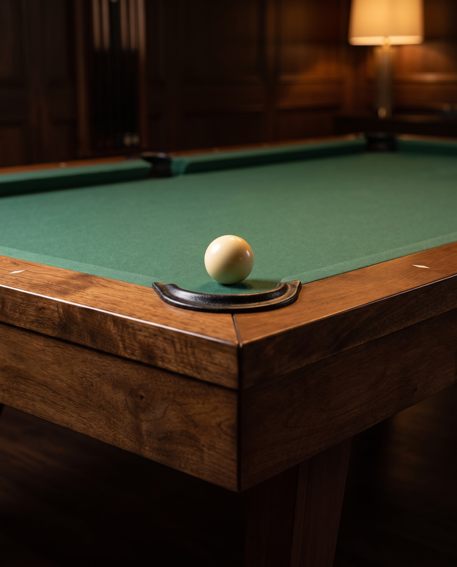 Illustrative close-up of green billiard cloth and a wooden table rail
