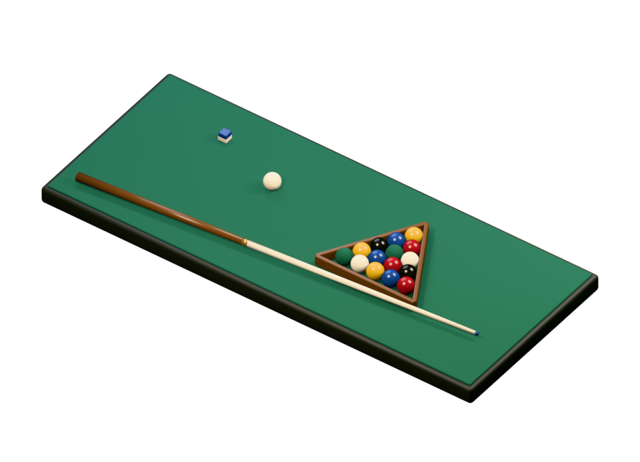 Billiards composition with a cue, balls and a triangular rack